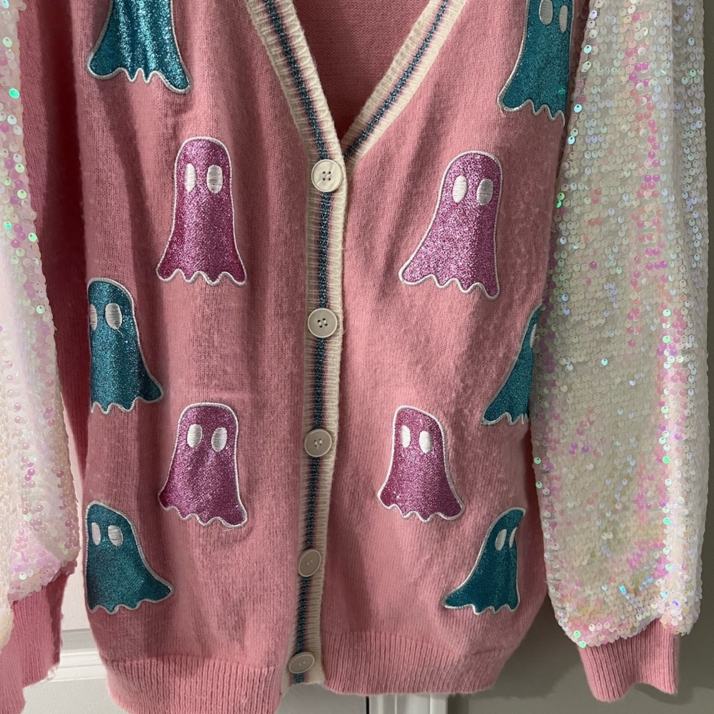 Pink Ghost Patterned Sweater With Sequin Sleeves - image 2